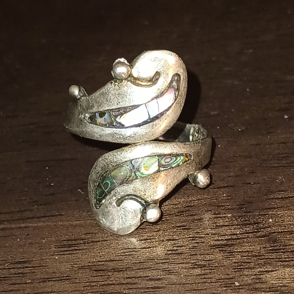 Vintage Mexico Paua Abalone Shell Sterling Silver Wrap Ring SZ 8.5 Adjustable